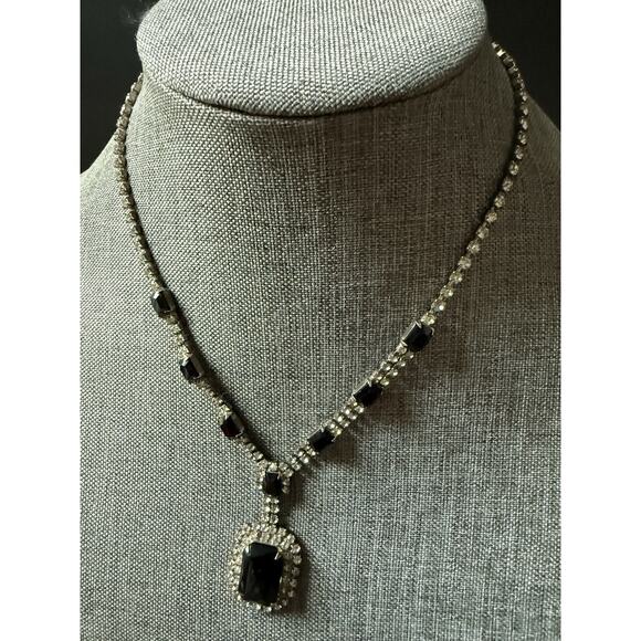 Vintage Rhinestone Statement Y Necklace Black Clear Cocktail Formal Wedding 18” - Picture 1 of 5